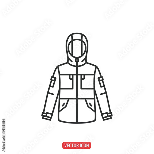 Winter hooded jacket line art icon for outdoor sports