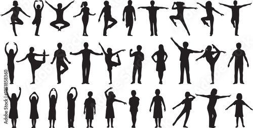 Diverse group of silhouetted people demonstrating various dance poses