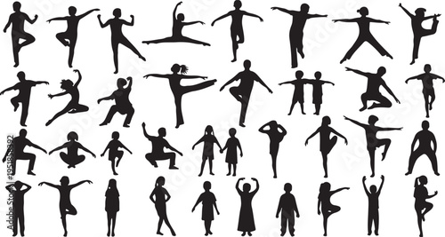 Silhouettes of children dancing and performing joyful movements