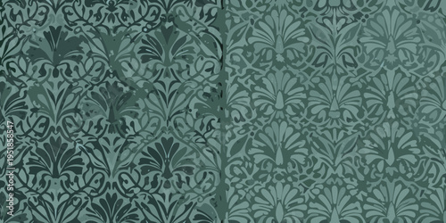 Intricate art nouveau floral patterns in shades of dark teal green