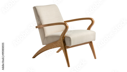 фотографія Elegant modern armchair with light beige fabric upholstery and curved wooden fra