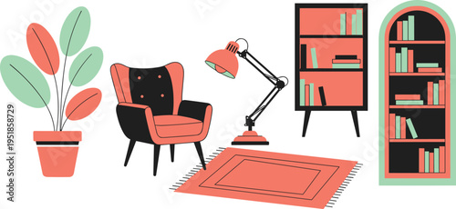 Modern living room illustration, cozy interior furniture set, armchair lamp bookshelf decor, home design concept, stylish apartment vector scene