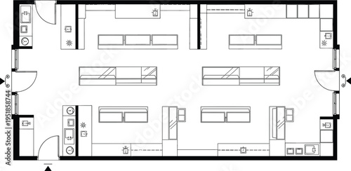 Office floor plan layout, workspace interior blueprint, corporate office design, desk arrangement map, architectural plan drawing, modern workplace layout illustration