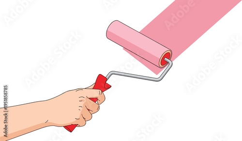 Paint roller hand illustration, wall painting process, home renovation tool, house painting concept, construction work, DIY painting vector design