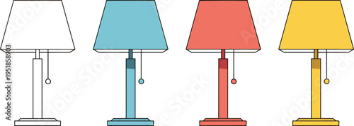 Table lamp set illustration, modern lighting design collection, colorful home decor lamps, minimal furniture objects, interior lighting vector outline style