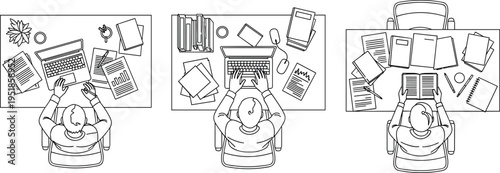 Top view workspace illustration, office desk scenes, working environment concept, creative designer desk, productivity workspace layout, minimal line art design