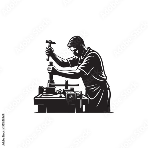 Man working with hammer and anvil in workshop for industry concepts