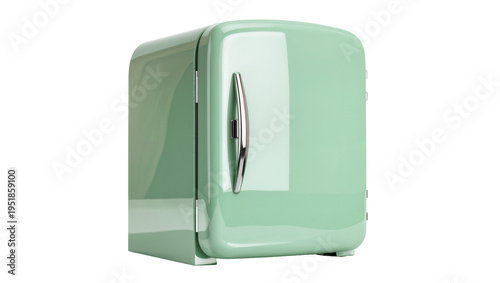 Stylish mint green retro mini-fridge, a compact portable cooler with a shiny chrome handle, isolated PNG for kitchen appliance designs