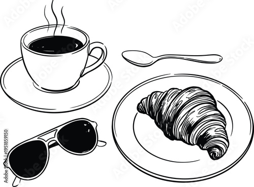 Breakfast still life sketch coffee croissant sunglasses and spoon