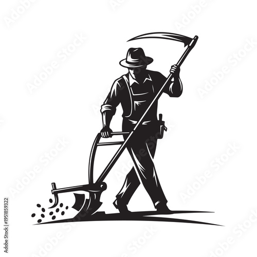 Farmer Using Hoe For Gardening On Isolated White Background For Agriculture Concepts