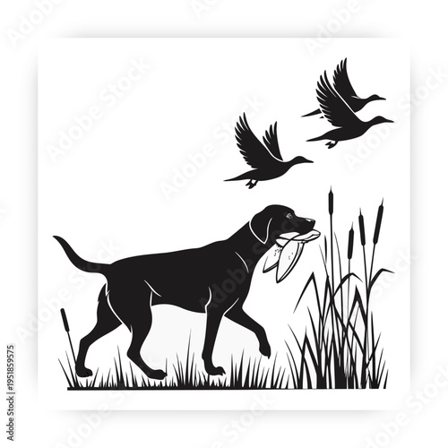  Vector illustration black silhouette of a dog catching a bird in its mouth with three birds flying.