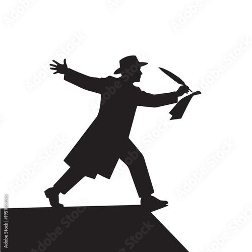 Man in trench coat and hat holding knife on cliff edge for thriller movie concepts