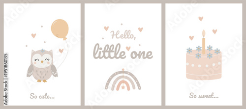 A set of cute children's greeting cards featuring a funny owl, a festive cake, and a rainbow