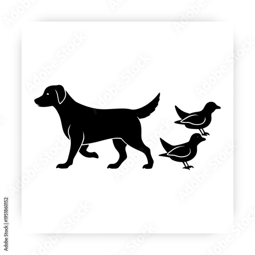  Vector illustration black silhouette of a dog catching a bird in its mouth with three birds flying.