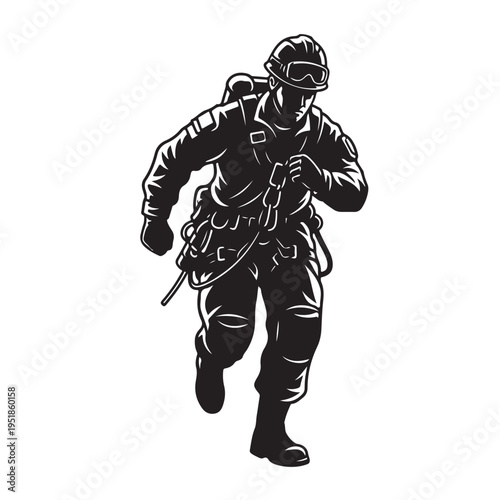 Military Soldier Running With Backpack On White Background For Army And Defense Concepts