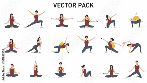 Vector set displays diverse yoga poses clearly.