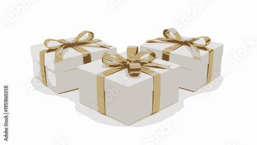 Three white gift boxes have gold ribbon bows.