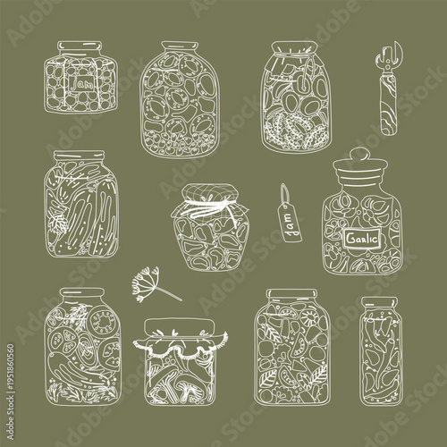 Homemade canning clipart set. Glass jars with pickled vegetables, tomatoes, cucumbers, jam and compote. Summer harvest and food preservation concept.