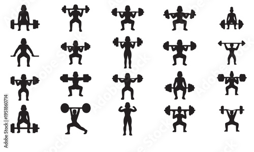 Female Gym Exercise Monoline Icon Set Barbell exercise – Black and White Fitness Workout Vector solid fill art Collection	
