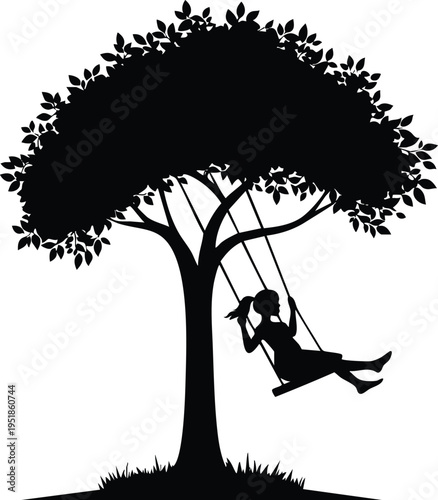 A young girl joyfully swinging on a classic rope swing beneath the lush canopy of a large mature tree silhouette illustration