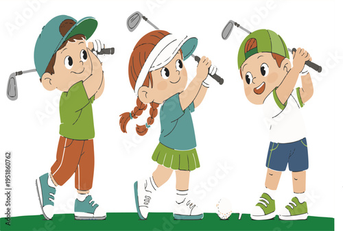 Children Playing Golf Swinging Clubs Kids Golf Sport Activity Junior Golfing Fun