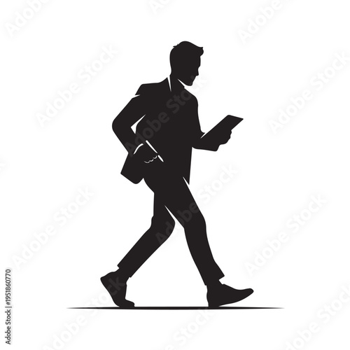Businessman Walking Holding Tablet In Hand Silhouette Isolated On White For Corporate Concepts