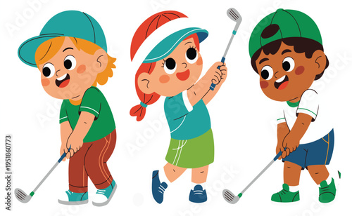Children Playing Golf Vector IllustrationDiverse Kids Practicing Swing