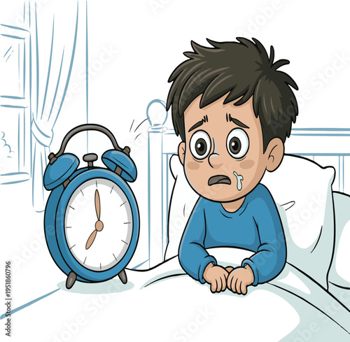 Scared Boy Wakes Up To Alarm Clock in Bed Morning Routine Childhood Fears Sleep Concept