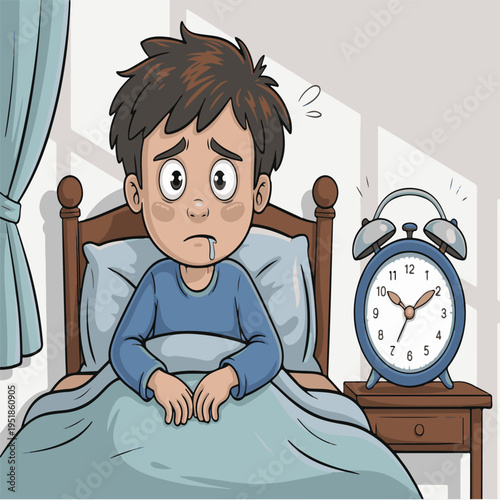 Scared Boy Wakes Up To Alarm Clock Ringing In Bed Drowsy And Confused Morning Routine