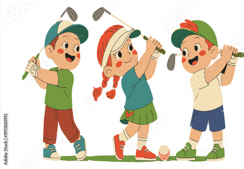 Children Playing Golf Vector Art Kids Swing Clubs on Green Grass Sports Fun Youth Activity