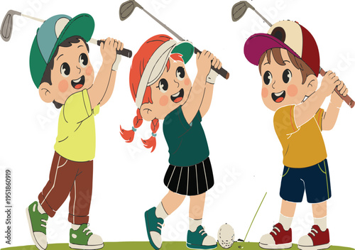 Children Golfing Vector Illustration Kids Playing Sport Outdoor Activity Junior Golfers Swinging Clubs