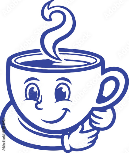A cartoon coffee cup with a smiling face and steam rising