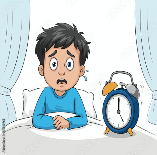 Scared Boy Wakes Up To Loud Alarm Clock in Bed Morning Routine Stress Childhood Anxiety