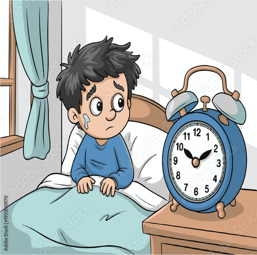 Sad Boy Waking Up Early in Bed with Alarm Clock Sleepy Morning Mood Childhood
