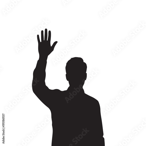 Man Silhouette Waving Hand Up Isolated On White For Greeting Concepts