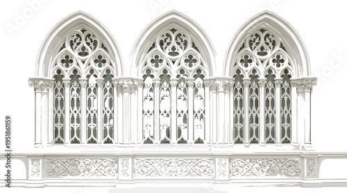 Black silhouette vector illustration of Gothic arched windows with ornate tracery, quatrefoil and trefoil motifs, decorative columns, and balustrade, symbolizing medieval architecture 