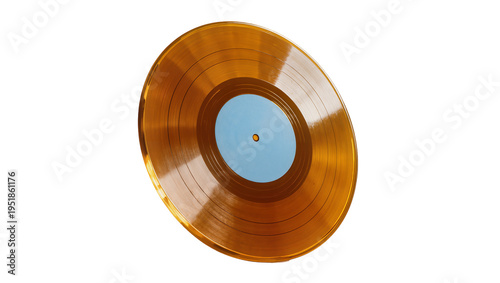 Photography Shiny golden vinyl record with a light blue label, a classic music album disc is