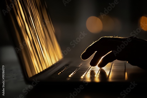 Person is typing on a laptop with a bright yellow screen. Concept of productivity and focus