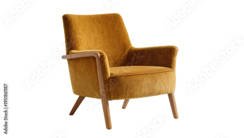Foto Stylish mustard yellow velvet armchair with light wooden frame and legs, a comfo