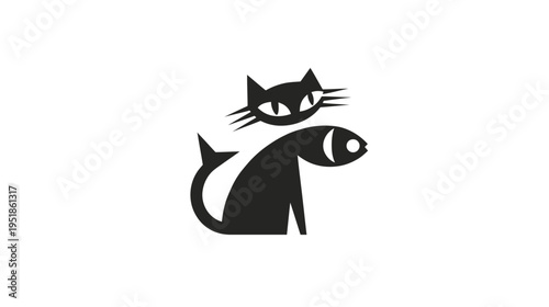 Minimalist Black Cat and Fish Icon. Stylized Animal Graphic Design for Logo, Pet Shop, or Seafood Concept.