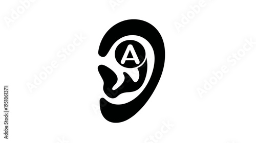 Human ear icon with letter A, symbolizing audio assistant technology, sound features, listening, hearing accessibility, and voice command.