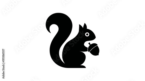 Black squirrel silhouette holding an acorn, simple vector icon on white background, cute animal illustration.