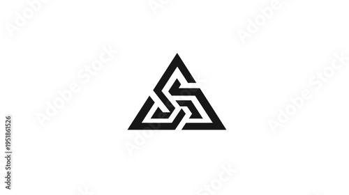 Abstract geometric triangular symbol with intertwined lines. Modern minimalist black design element on a clean white background.