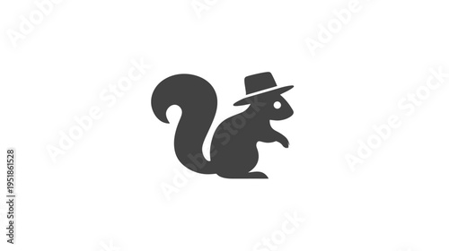 Stylized dark gray squirrel silhouette wearing a fedora hat icon on a clean white background, playful animal character illustration