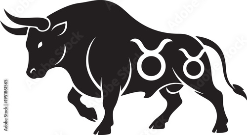 Black silhouette of a bull with zodiac symbols integrated