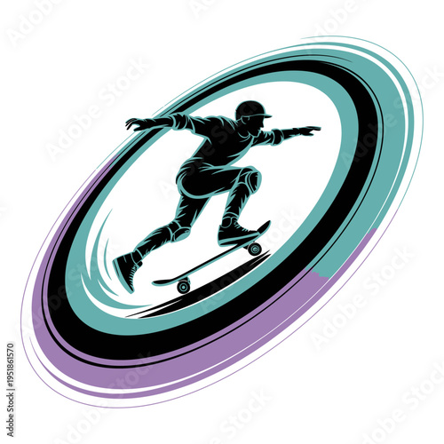 skateboarder performing dynamic trick inside circular motion swirl with gradient colors modern vector illustration capturing speed energy urban culture and extreme sport action movement