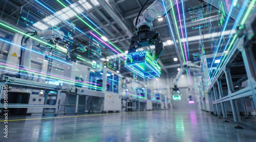Robotic arm with gripper lifts component in automated smart factory. Digital light streams across industrial facility with multiple systems in advanced manufacturing environment