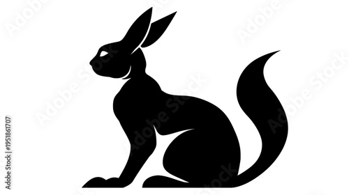 Stylized black silhouette of a mystical animal, a fusion of a rabbit and fox, sitting in profile. Vector graphic design.