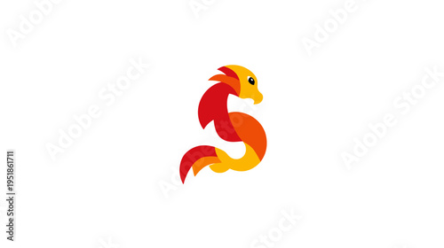 Vibrant fiery mythical bird icon forming letter S, abstract alphabet graphic design element, dynamic animal symbol illustration.