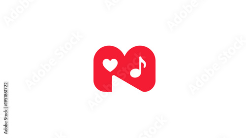 Modern red heart and musical note icon on white background, abstract graphic symbol for music apps, love, or audio content